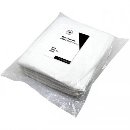 Disposable bedsheets by Hlpmedical, non-fitted, single-use, soft, white bedsheets in a box of 100 for healthcare and hospital use.