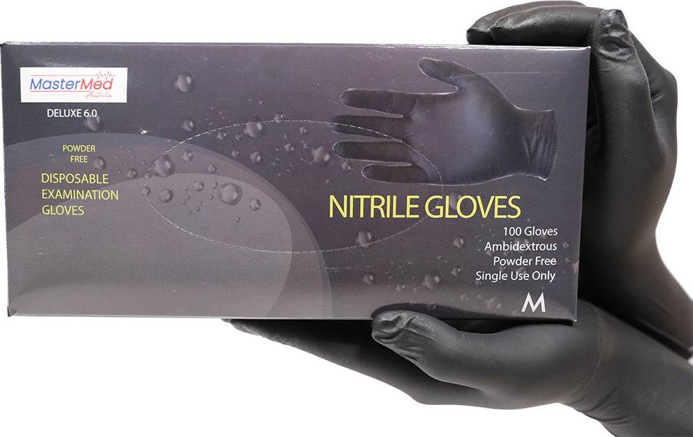 Black Hlpmedical Mastermed Deluxe nitrile gloves, tear-resistant, powder-free, 6.0g, suitable for medical and industrial use.