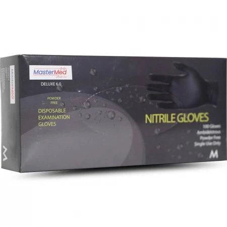 Black Hlpmedical Mastermed Deluxe Nitrile Gloves, tear-resistant, powder-free, 6.0g, suitable for medical and industrial use.