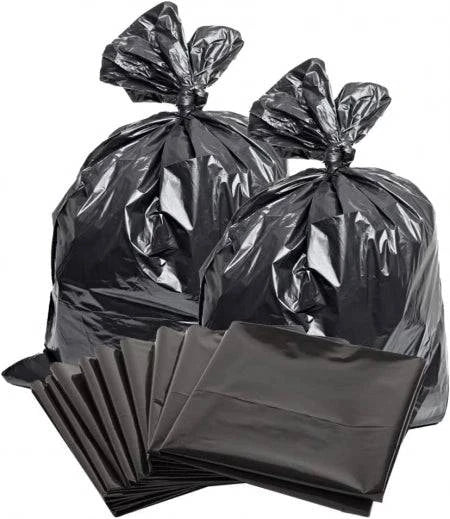 Black Hlpmedical 82L Thinkpac premium bin liners, 30-micron rubbish bags, shown in a close-up image of the trash bag material.