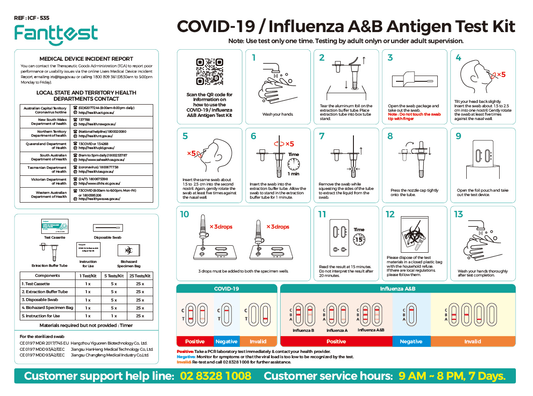 HLP Medical Supplies Fanttest COVID-19 and Influenza A&B antigen test kits for self-testing, showing test devices and packaging.