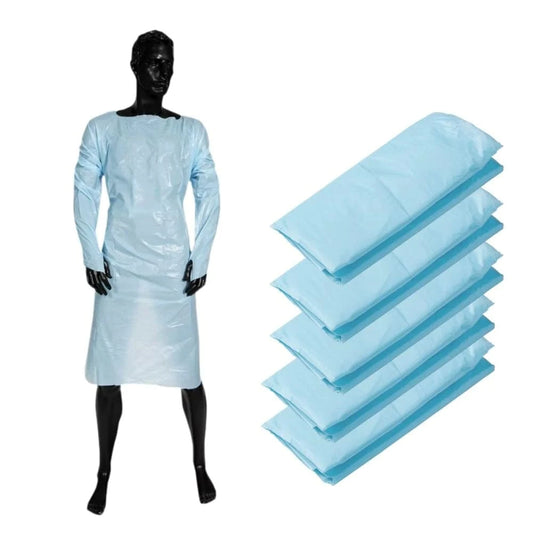 Set of five HLP Medical Supplies CPE Splash Gowns, disposable isolation gowns for medical protection, shown in a stacked arrangement.