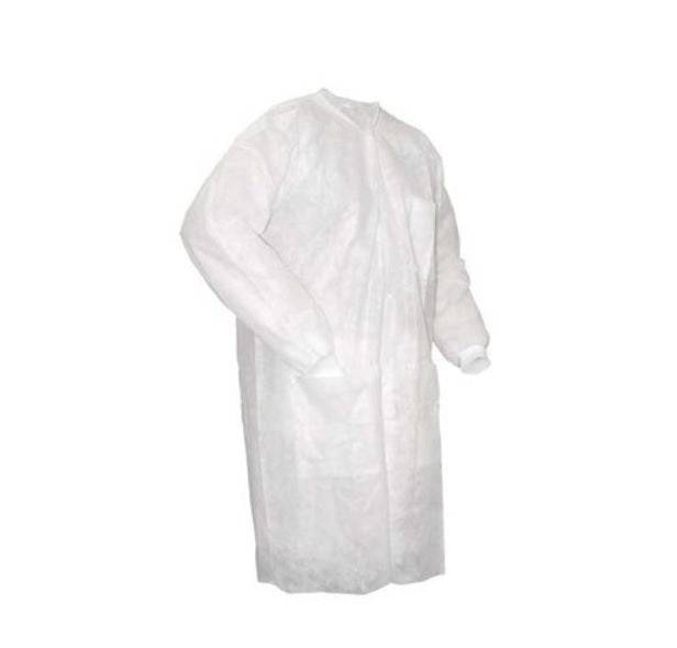 Medical white SMMS isolation gown with knitted cuffs, AAMI Level 2, shown in a pack of 100 Hlpmedical isolation gowns.