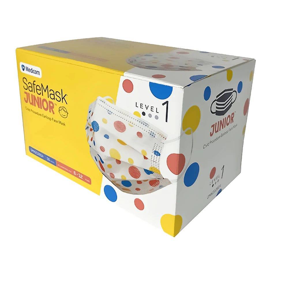 Hlpmedical Medicom SafeMask Junior kids face masks with earloops, 50-pack, comfortable protective masks for children.
