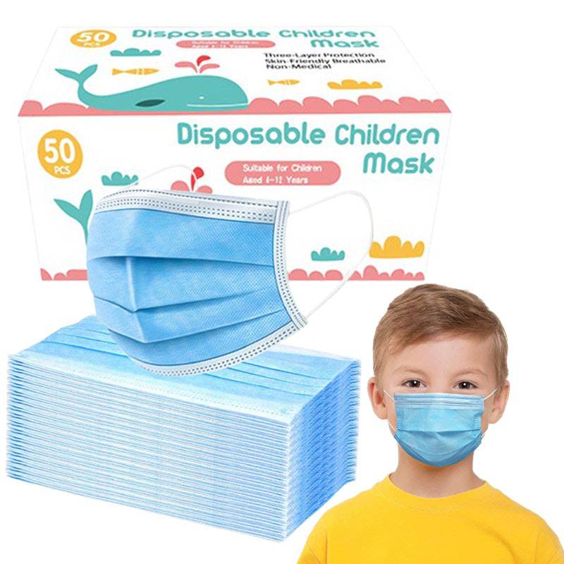 Box of 50 disposable kids face masks with ear loops by Hlpmedical, featuring colorful, breathable protective masks for children.