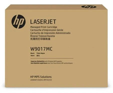 Genuine HP W9017MC black toner cartridge for HP printers, yields 22,500 pages, from HLP brand, shown in packaging.