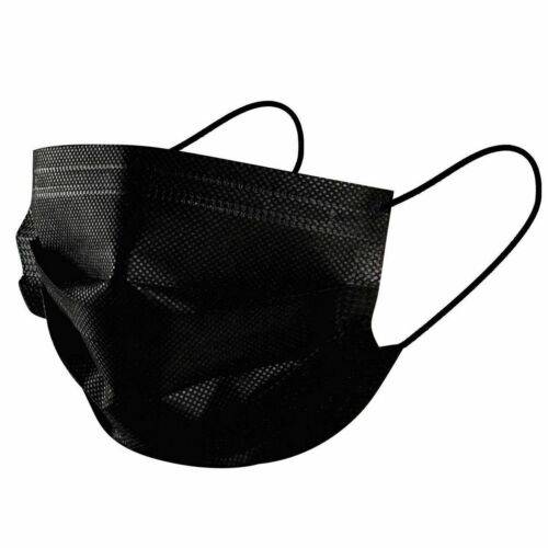 Black disposable face masks for adults by Hlpmedical, protective mouth covers with filters, shown in two boxes.