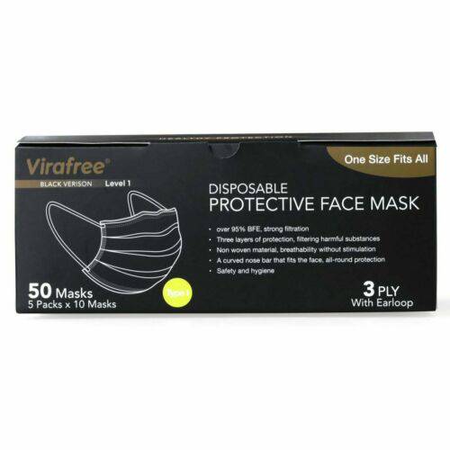 Two boxes of black disposable face masks from Hlpmedical, adult protective masks with mouth cover and filter, shown in the image.