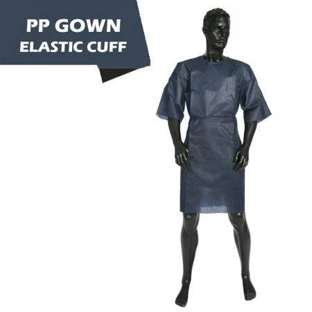 Blue disposable short-sleeved patient gown with ties, made of polypropylene, labeled TGA approved PPE by Hlpmedical.