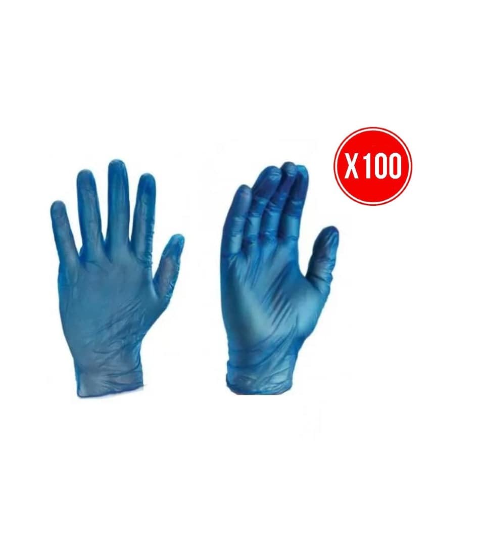 Blue vinyl gloves by Hlpmedical, pharmaceutical grade powder-free vinyl gloves, 100-pack, showing the smooth, flexible gloves for medical use.