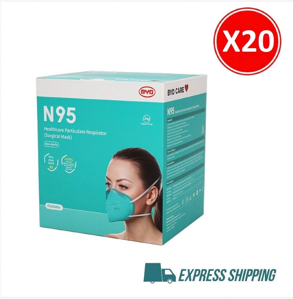 Hlpmedical BYD N95 NIOSH respirator face mask, personal protective equipment, 20 pack, close-up of masks with adjustable nose clip