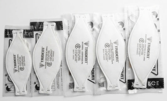 Trident P2 respirator sizes from XS to XXL arranged side by side to illustrate respirator sizing options for healthcare workers and workplace respiratory protection.