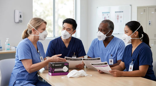 Healthcare workers wearing properly fitted Trident P2 respirators discussing respiratory protection in a healthcare setting