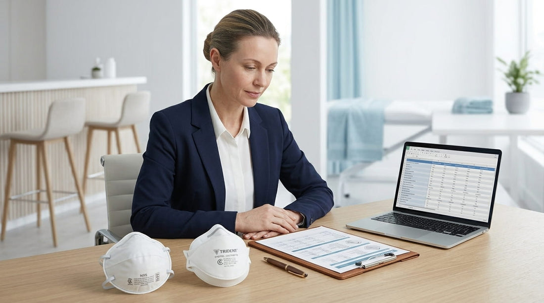 Healthcare professional wearing a certified P2 respirator while reviewing the differences between N95 and P2 masks in a modern clinical setting.