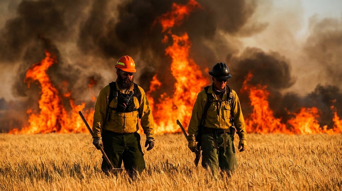 Two wildland firefighters wearing helmets and gear walk through a field with wildfire flames and smoke in the background