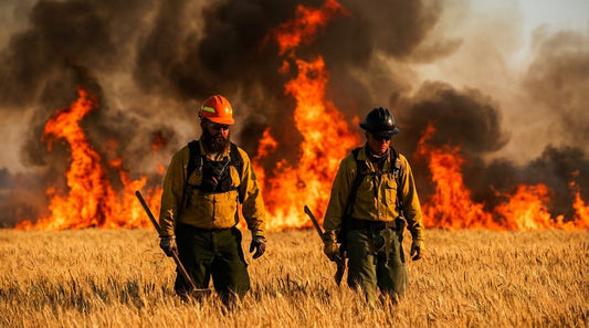 Two wildland firefighters wearing helmets and gear walk through a field with wildfire flames and smoke in the background