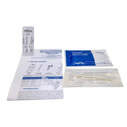 Hlpmedical Bulk 1200 Antigen Combo Rapid Test Kit for SARS-CoV-2, Flu A, B, RSV, and ADV, with test strips and packaging.