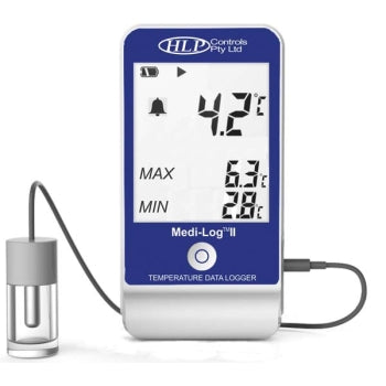 HLP Controls Medi-Log II digital data logger, diagnostic equipment with display screen and control buttons for monitoring data.