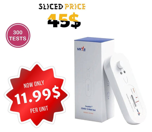 Hlpmedical EasyNAT Covid-19 RNA self-test kit box with 300 PCR kits for at-home COVID-19 testing.