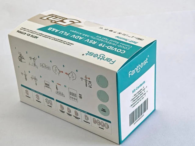 Hlpmedical Fanttest COVID-19, RSV, ADV, FLU A&B antigen combo rapid test kit showing test device and sample collection tool.