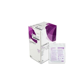 Box of 50 pairs of sterile Gammex latex powder-free surgical gloves by HLP Medical Supplies, showing gloves in packaging.