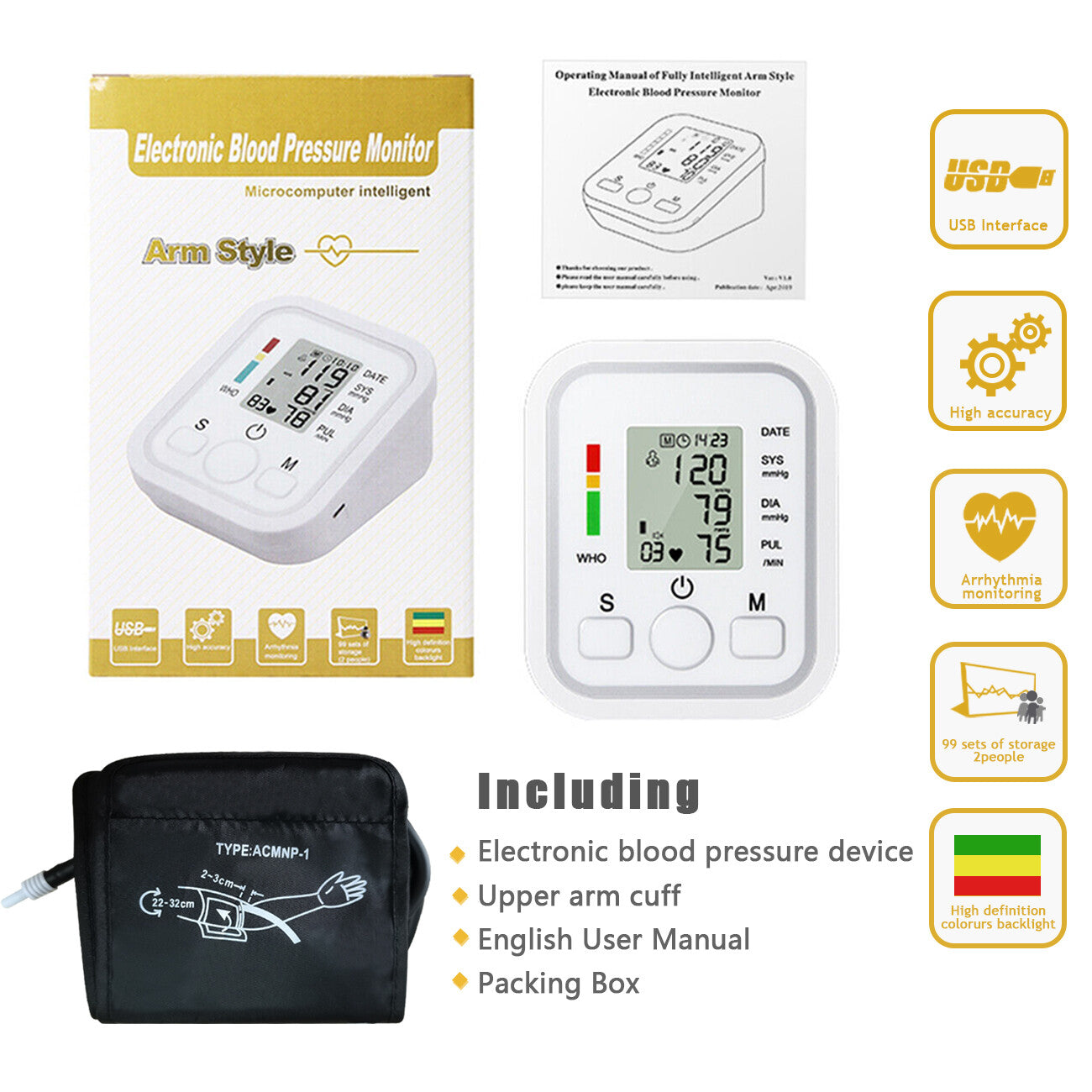 Automatic Upper Arm Blood Pressure Monitor Pulse Meter BP Machine Voice Talking
