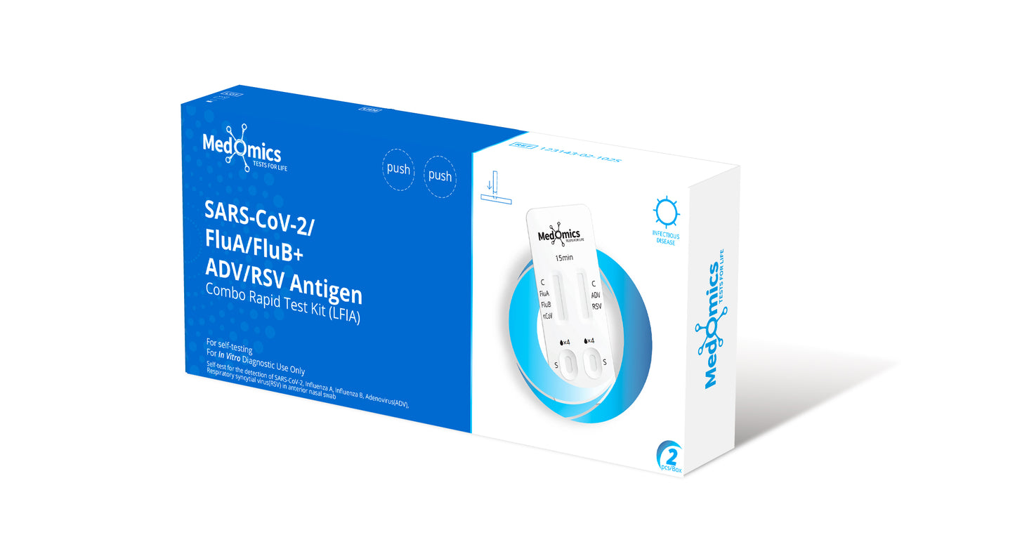 Hlpmedical Bulk 1200 x Antigen Combo Rapid Test Kit for SARS-CoV-2, FluA, FluB, ADV, and RSV, showing test strips and packaging.
