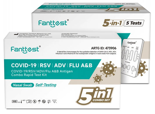 Hlpmedical 5-in-1 COVID-19, RSV, ADV, and flu antigen rapid test kit, single pack with five test strips in a compact package.