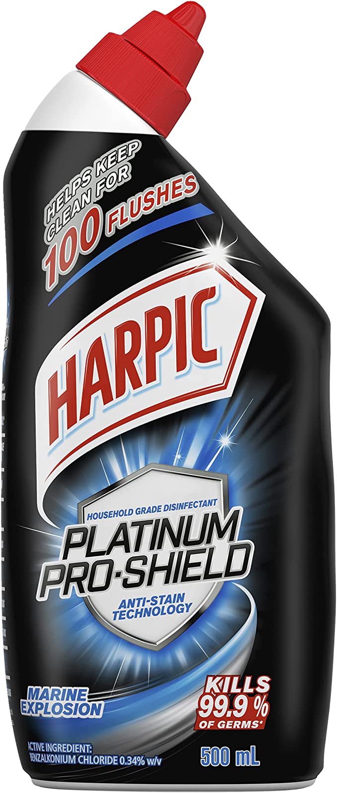 Harpic Platinum Pro-Shield Anti-Stain Technology Toilet Cleaner, Marine Explosion 500mL (Pack of 8)
