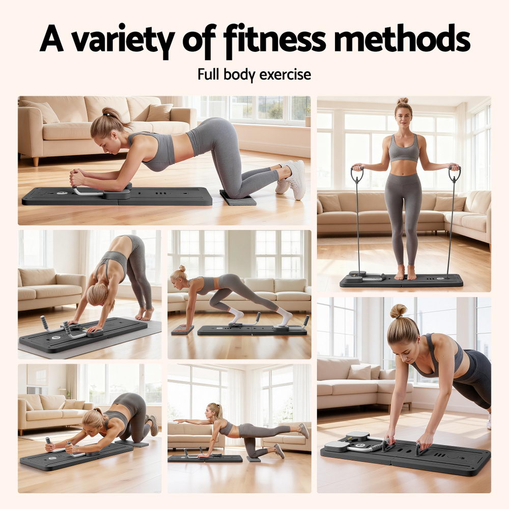 Black Everfit Pilates Board Foldable Reformer, multi-functional exercise trainer for yoga and Pilates workouts.