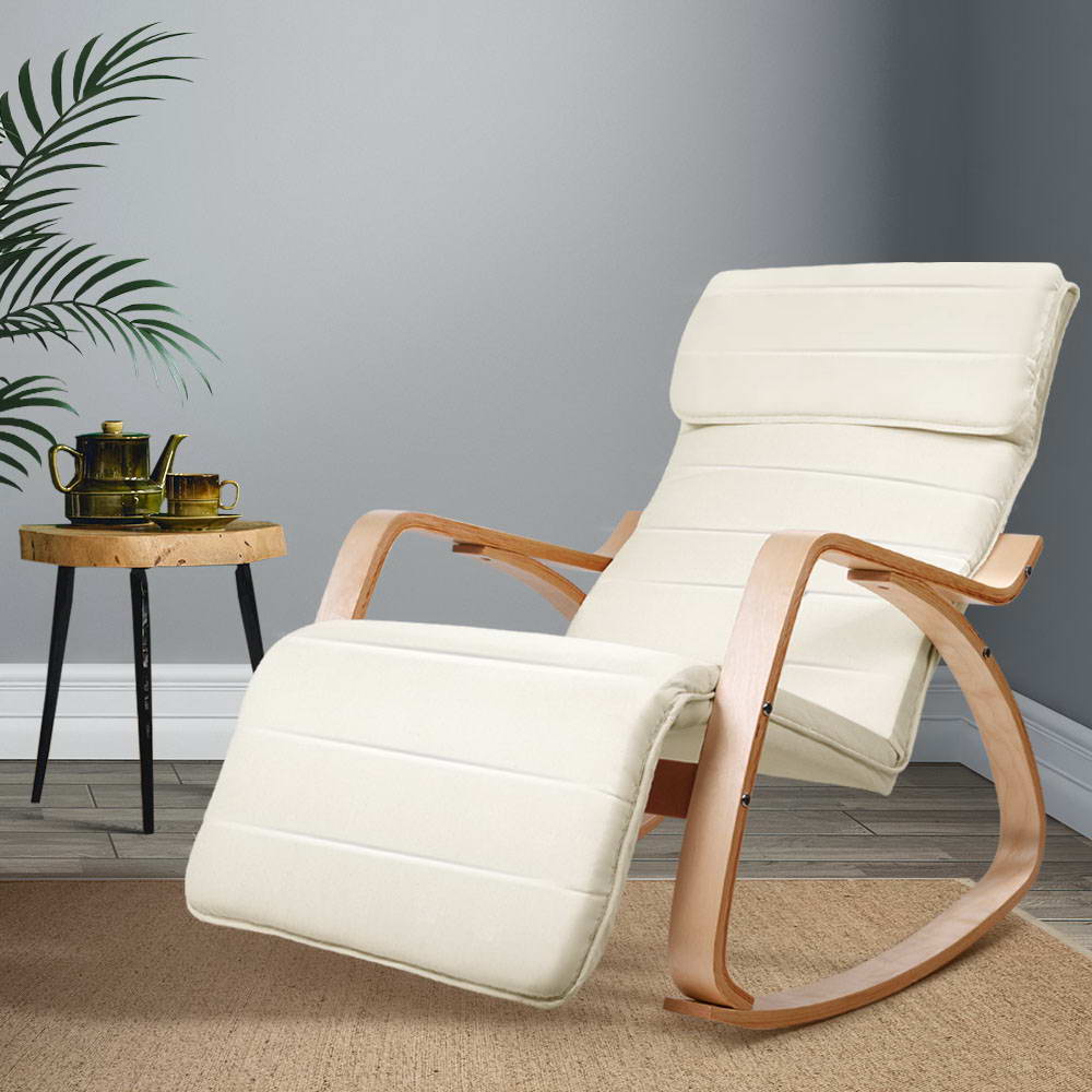Beige Artiss rocking armchair with footrest, padded nursing chair with wooden armrests, ideal for relaxation and comfort.