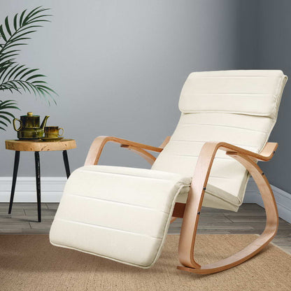 Beige Artiss rocking armchair with footrest, padded nursing chair with wooden armrests, ideal for relaxation and comfort.