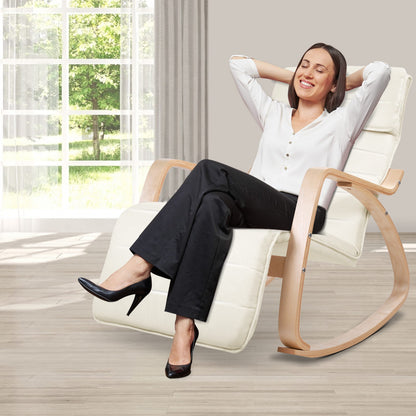 Beige Artiss rocking armchair footrest by Hlpmedical with cushioned seat and wooden base, ideal for relaxing or nursing.