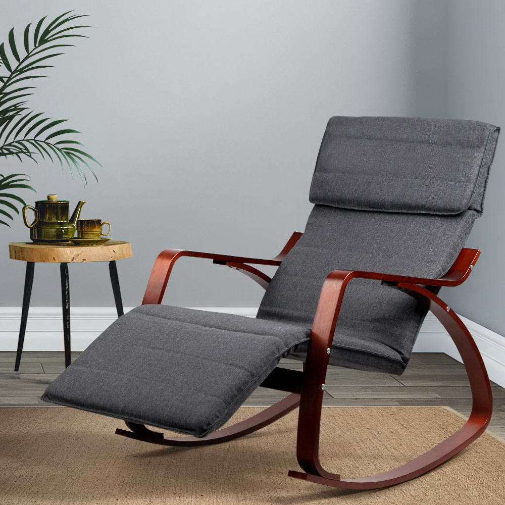 Charcoal Artiss rocking armchair with footrest, nursing recliner by Hlpmedical, featuring cushioned seat and wooden frame.