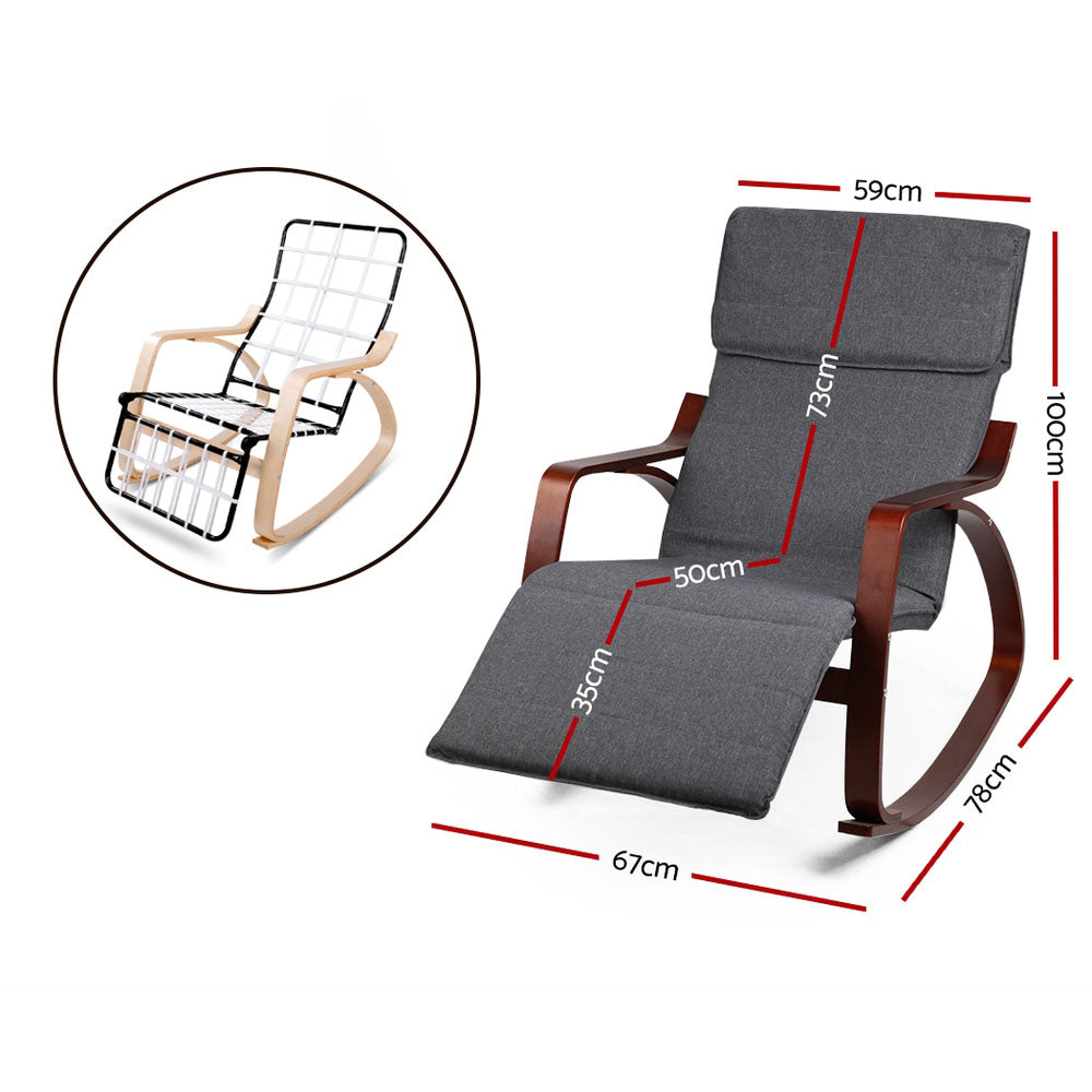 Charcoal Artiss rocking armchair with footrest, nursing recliner by Hlpmedical, featuring cushioned seat and wooden frame.