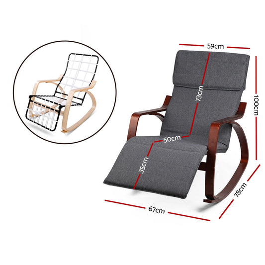 Charcoal Artiss rocking armchair with footrest, nursing recliner by Hlpmedical, featuring cushioned seat and wooden frame.