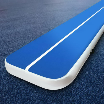 Blue and white 4m x 1m inflatable air track mat, 20cm thick for gymnastics and tumbling exercises.