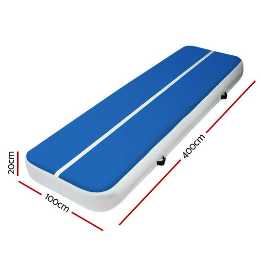Blue and white 4m x 1m inflatable air track mat with 20cm thickness for gymnastics and tumbling exercises by Hlpmedical.