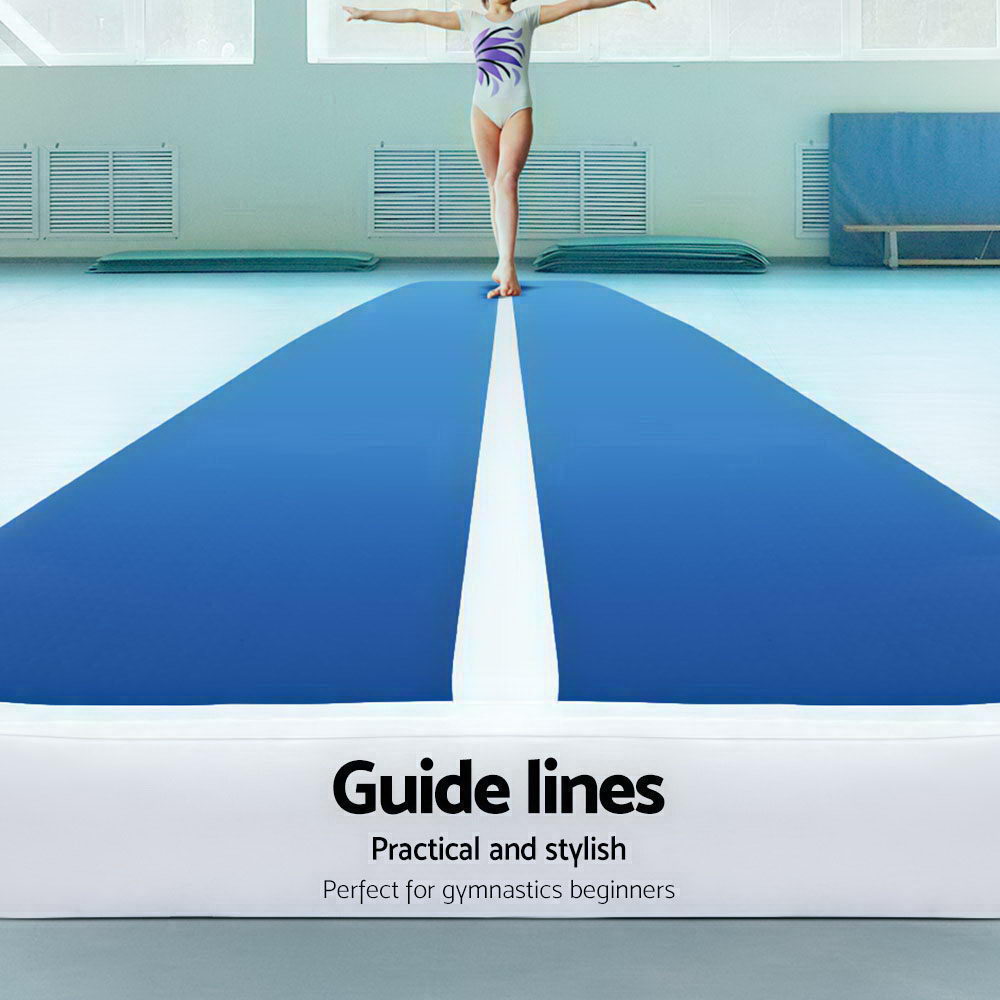 Blue and white inflatable air track mat, 4m x 1m with 20cm thickness, used for gymnastics and tumbling exercises.