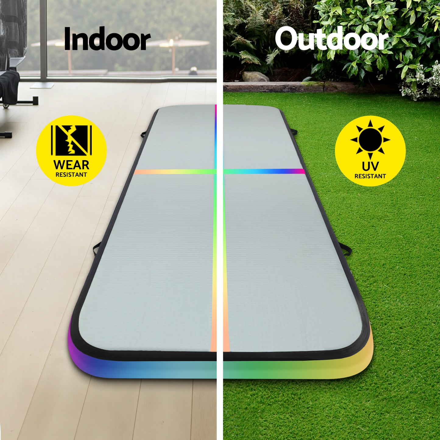 Everfit 4M inflatable gymnastics air track mat with pump, colorful exercise surface for gymnastics and tumbling workouts.