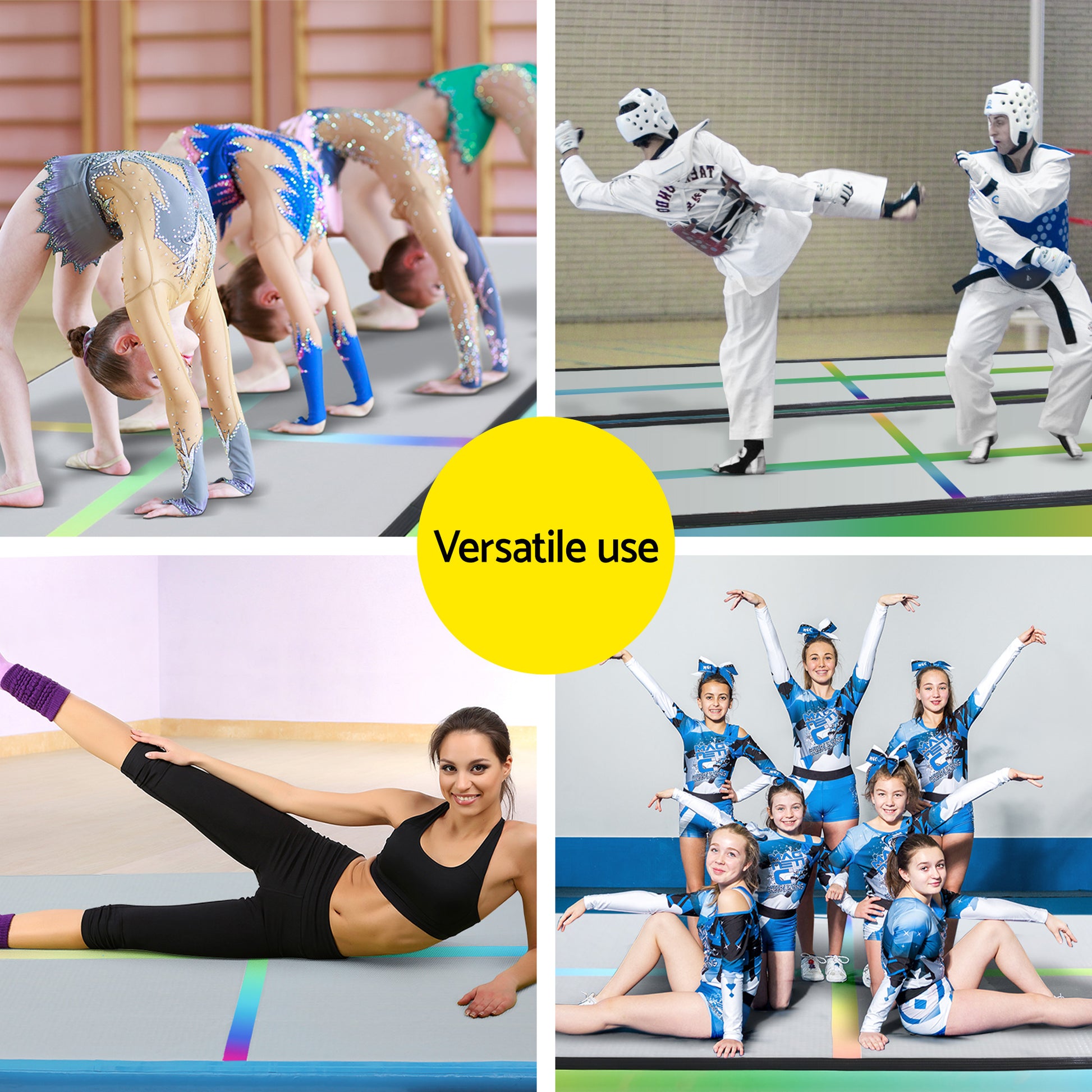 Everfit 4M inflatable air track gymnastics tumbling exercise mat with colorful design and pump for sports and fitness training.