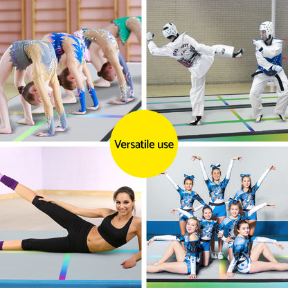 Everfit 4M inflatable air track gymnastics tumbling exercise mat with colorful design and pump for sports and fitness training.