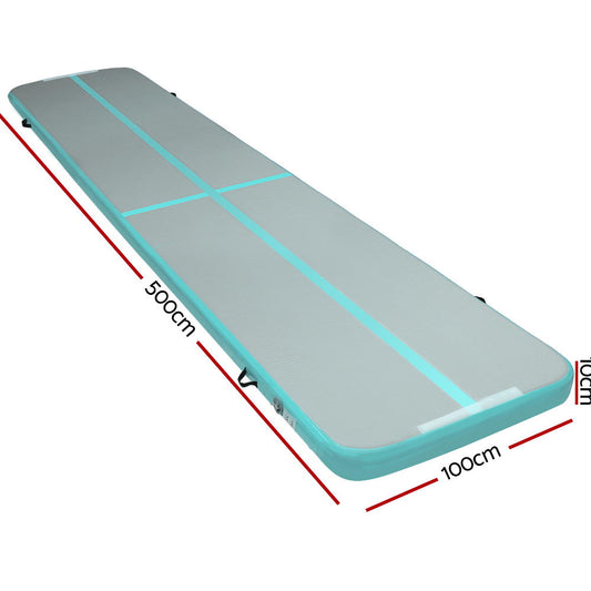 Everfit GoFun 5X1M inflatable air track mat in green, designed for home gymnastics and tumbling exercises.