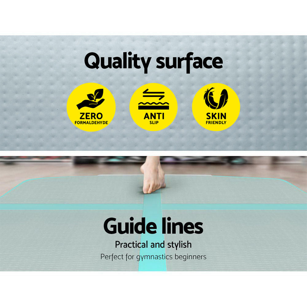 Green Everfit GoFun 5X1M inflatable air track mat for gymnastics and tumbling, designed for home gym exercise and training.