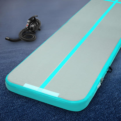 Green Everfit GoFun 5x1M inflatable air track mat with pump for gymnastics and tumbling, suitable for home or gym use.