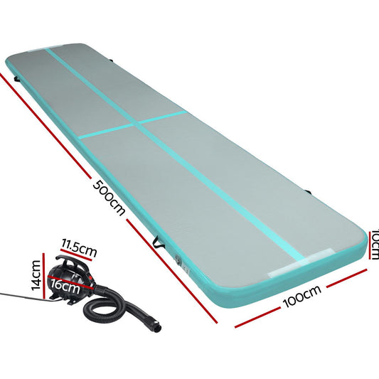 Everfit GoFun inflatable air track mat in green with pump, ideal for gymnastics and tumbling exercises, by Hlpmedical.