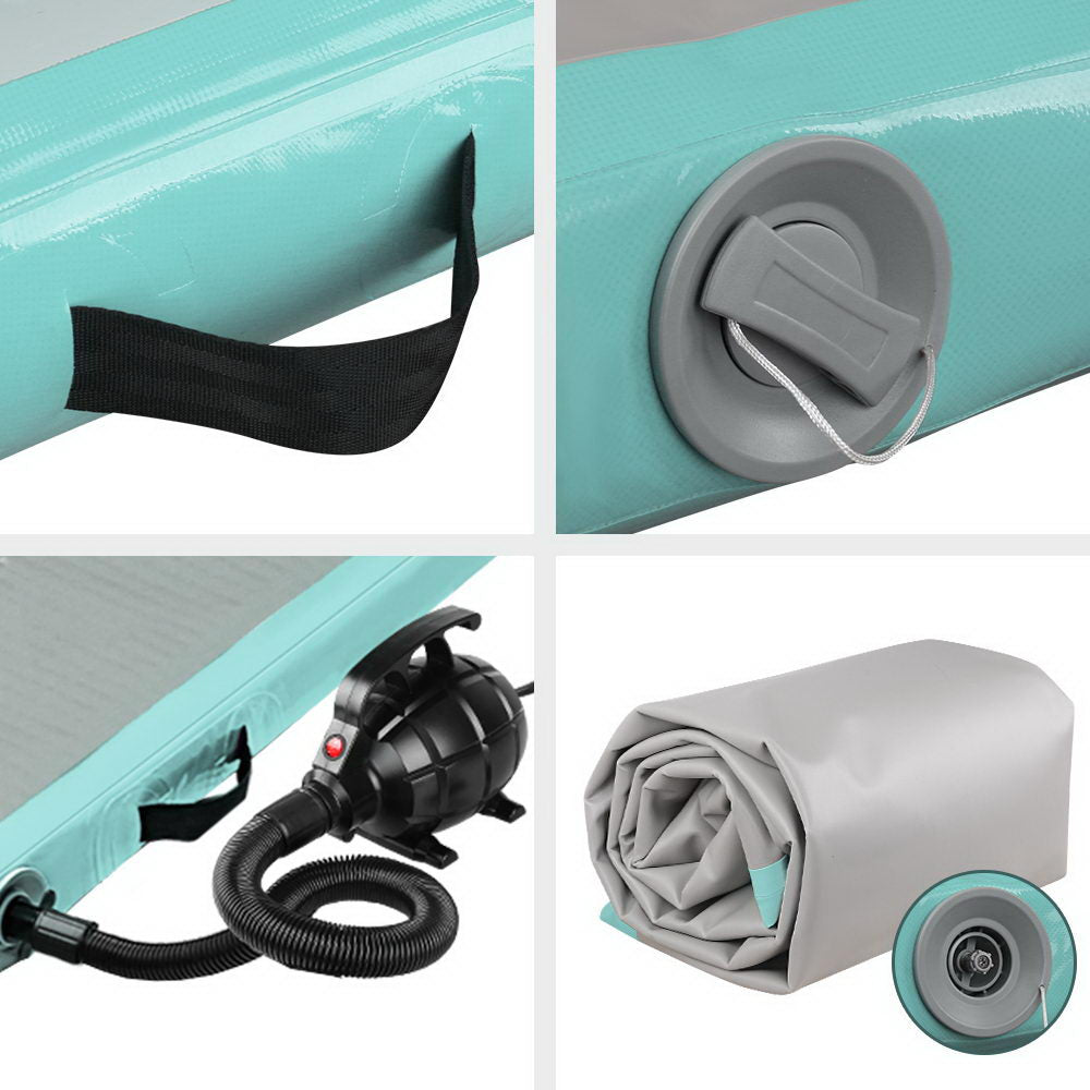 Green Everfit GoFun 5X1M inflatable air track mat for gymnastics, with pump, used for tumbling and gymnastics training.