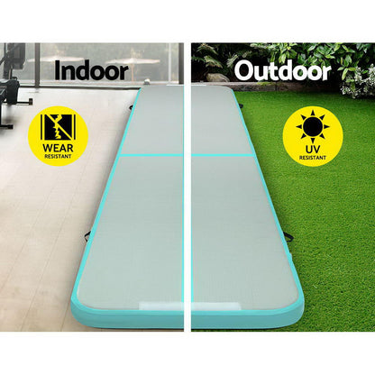 Everfit GoFun 5X1M inflatable air track mat in green with pump, ideal for gymnastics and tumbling exercises.