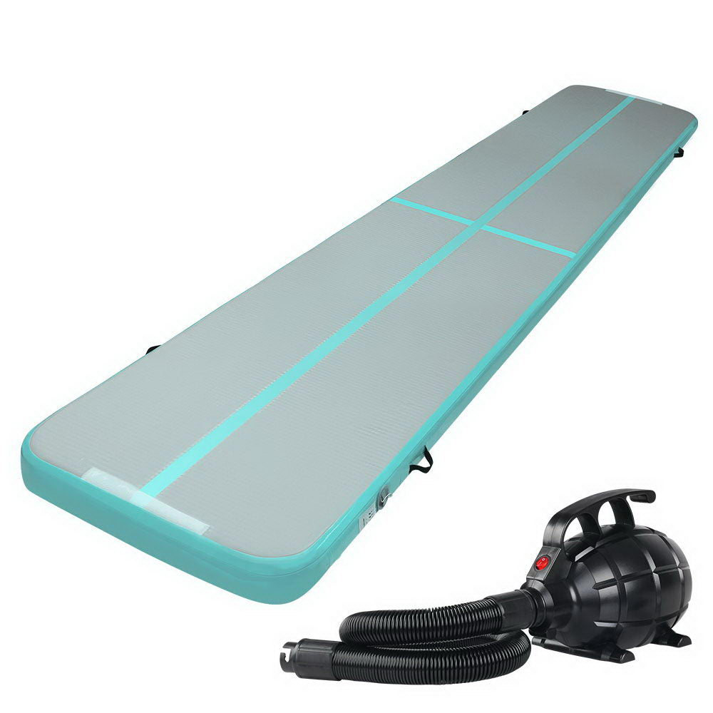 Everfit GoFun 5X1M inflatable air track mat in green with pump, ideal for gymnastics and tumbling exercises.
