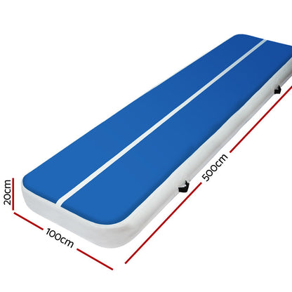 Blue and white 5m x 1m inflatable air track mat, 20cm thick for gymnastics tumbling, by Hlpmedical, suitable for exercise and fitness.